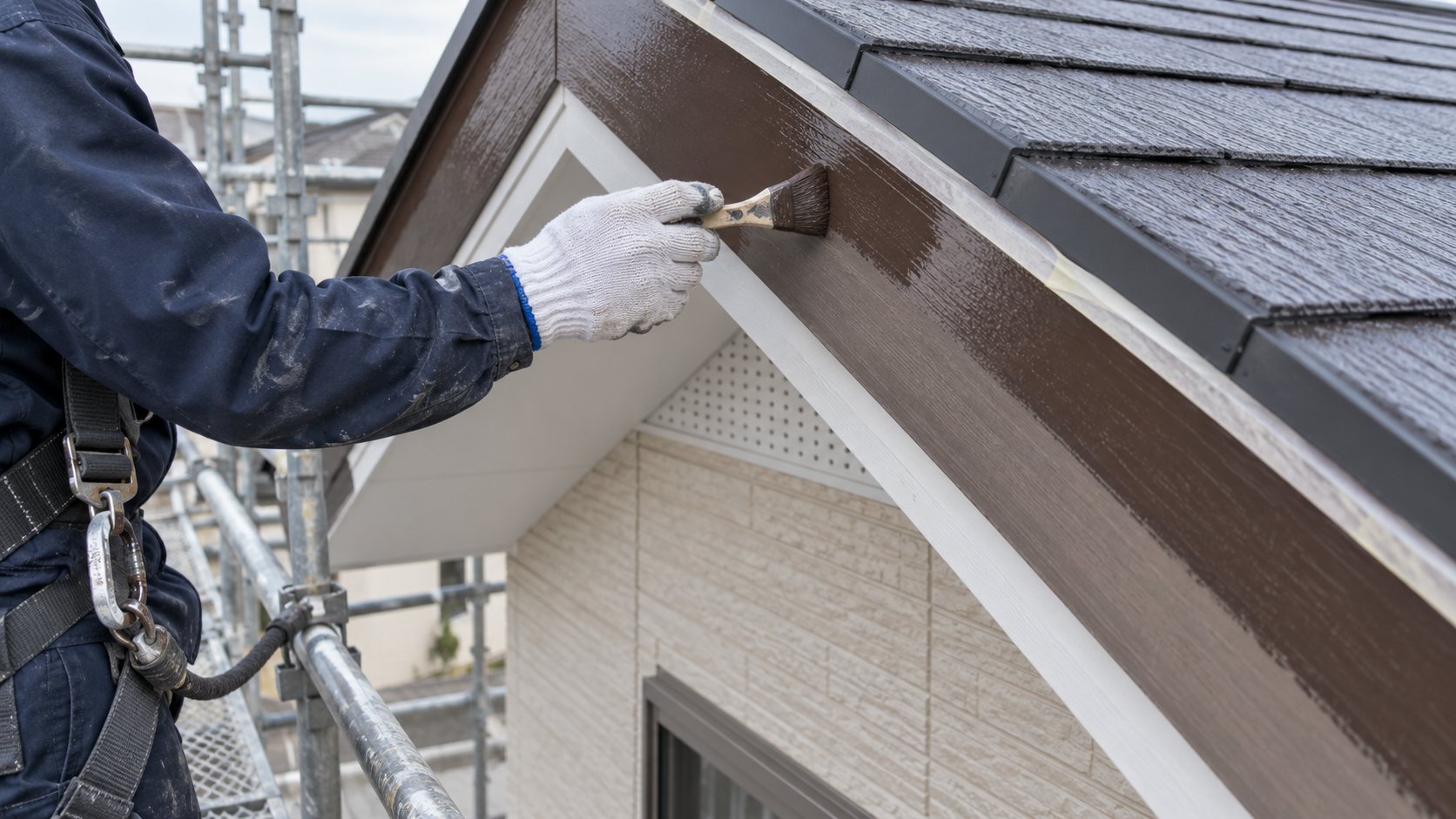 住宅の破風板をブラウン系の塗料で塗装している作業イメージ