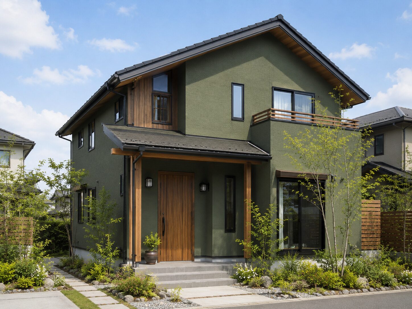 グリーン外壁と木目の軒天や玄関を組み合わせた住宅イメージ